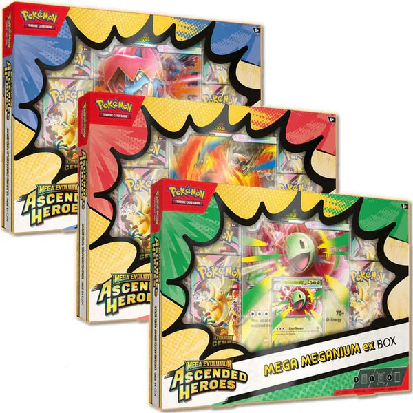 Pokémon TCG: Mega Evolution 2.5: Ascended Heroes Mega Ex Box (RANDOM) featuring one random foil promo card and four booster packs.