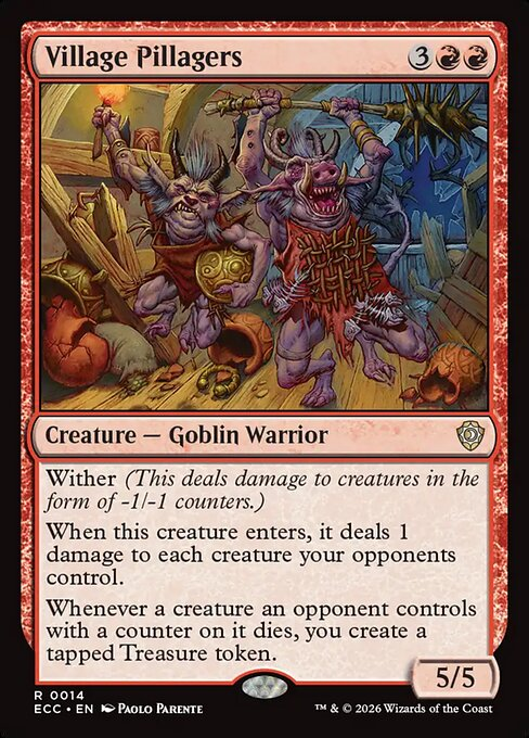 MTG Commander Deck featuring Village Pillagers card, part of Torbran, Thane of Red Fell Custom Deck by Moonveil Games, showcasing goblins ransacking a village.