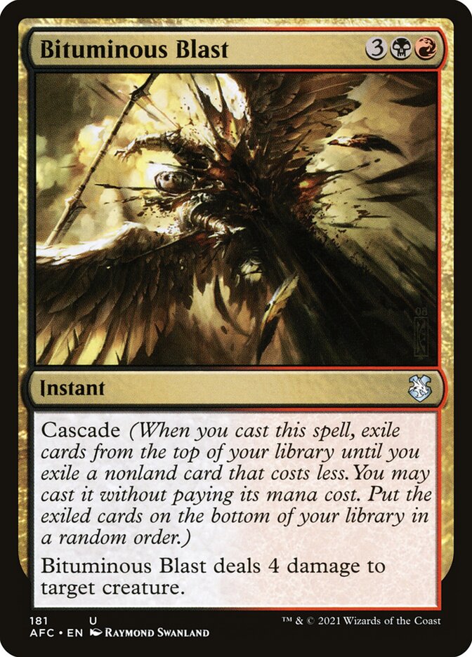 MTG Commander EDH Deck Prosper, Tome-Bound features “Bituminous Blast” card with cascade effect, dealing 4 damage. Custom-built by Moonveil Games for casual play.