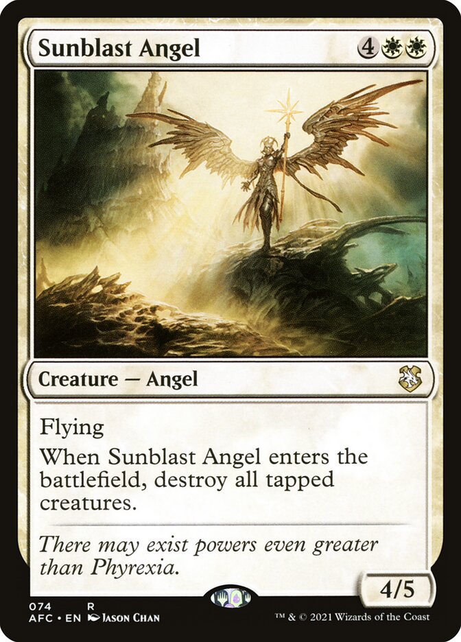 MTG Commander Angel Deck featuring Sunblast Angel, highlighting radiant artwork and strategic gameplay with Giada, Font of Hope. Custom-built by Moonveil Games for casual EDH play.