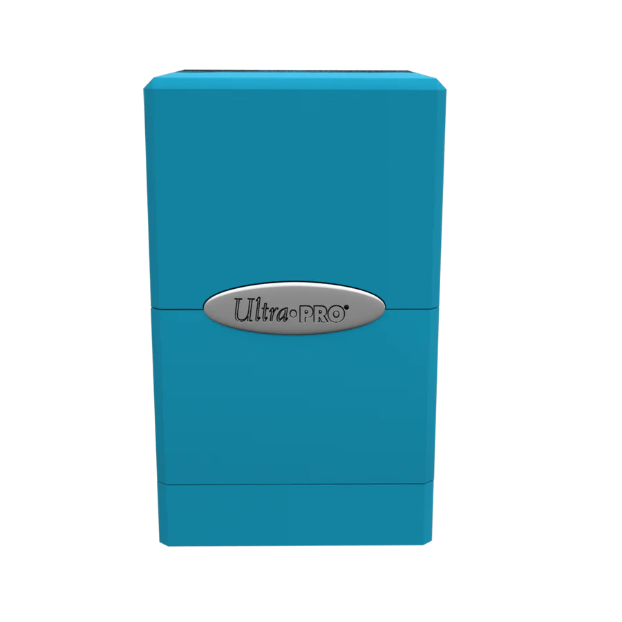 Ultra PRO: Satin Tower: Sky Blue Deck Box, durable plastic case for 100+ cards, features a bottom compartment for dice, with secure snap-fit locking.