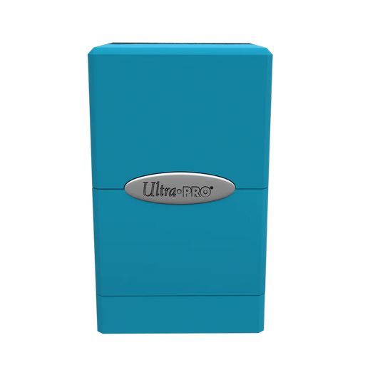 Ultra PRO: Satin Tower: Sky Blue Deck Box, durable plastic case for 100+ cards, features a bottom compartment for dice, with secure snap-fit locking.