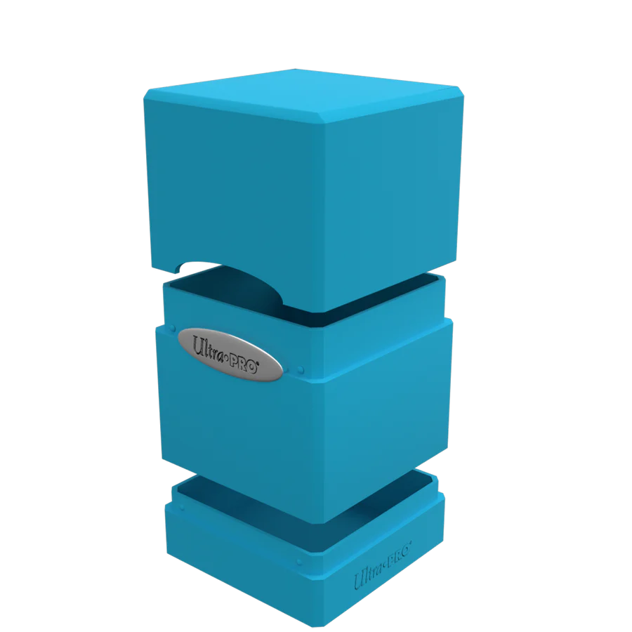 Ultra PRO: Satin Tower: Sky Blue Deck Box, durable plastic, stores 100+ cards, includes dice compartment, snap-fit lock, Classic Satin finish, ideal for trading card protection.