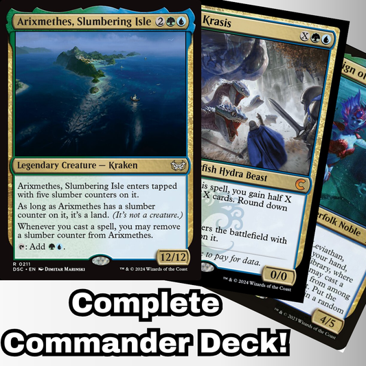 Arixmethes Slumbering Isle MTG Commander Deck, featuring Kraken, Hydra, and Merfolk cards, showcased by Moonveil Games as a complete, ready-to-play 100-card Simic deck.
