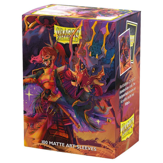 Dragon Shield The Fallen - Matte Sleeves packaging featuring anime-style warrior and dragon/owl motif, designed by Ryo Kamei. Contains 100 standard-size card sleeves.