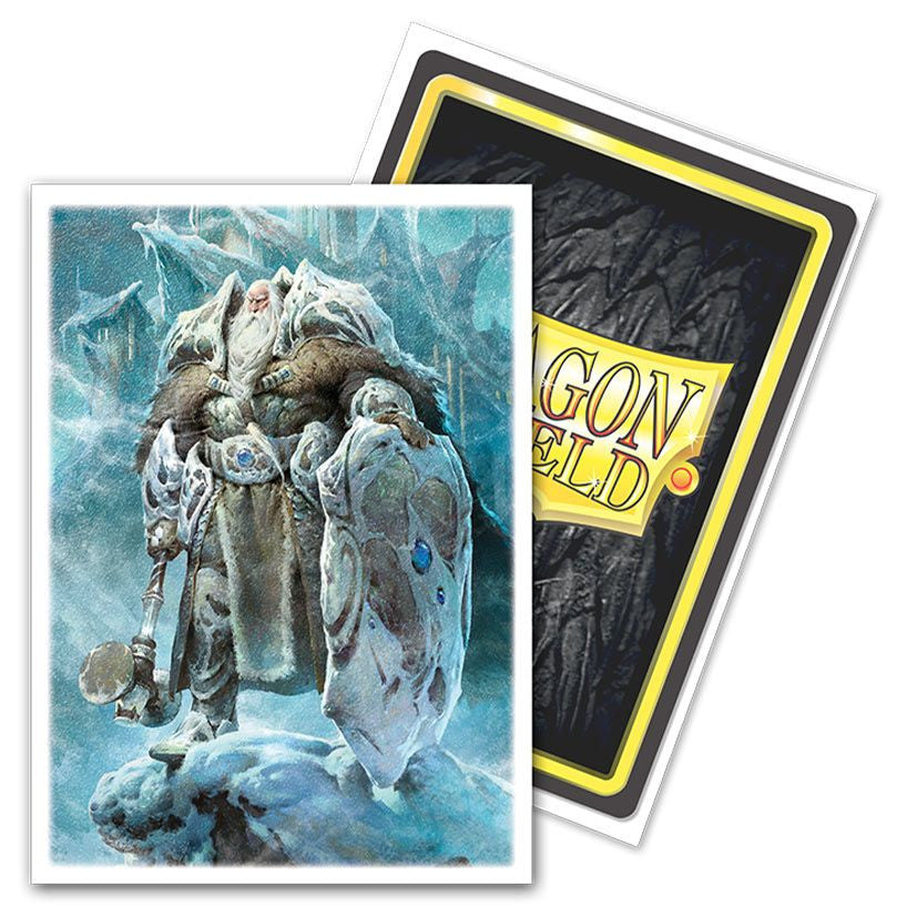 Dragon Shield: Art: Matte: Flesh and Blood: Oldhim sleeve with frost giant warrior design, paired with a Dragon Shield logo sleeve behind.
