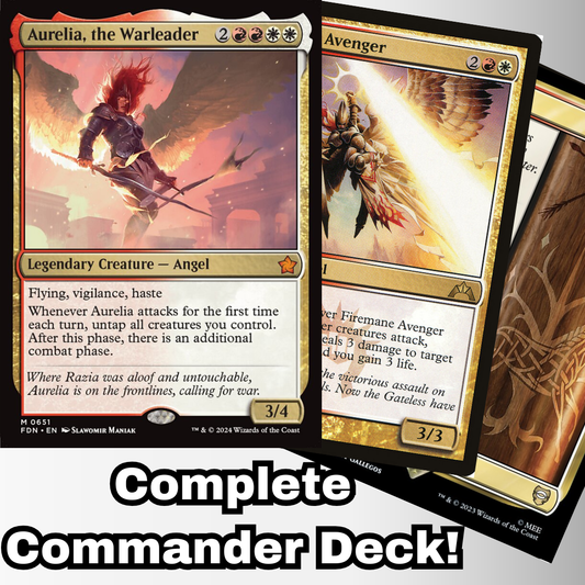MTG Commander Deck featuring Aurelia, the Warleader with a Boros Angels combat theme, promoting a custom-built 100-card deck for casual play by Moonveil Games.