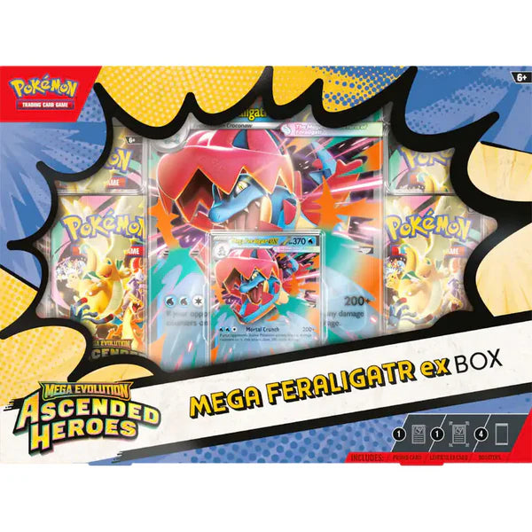 Pokémon TCG: Mega Evolution 2.5: Ascended Heroes Mega Ex Box (RANDOM) with Mega Feraligatr ex promo card, oversized card, and four booster packs in a display box.