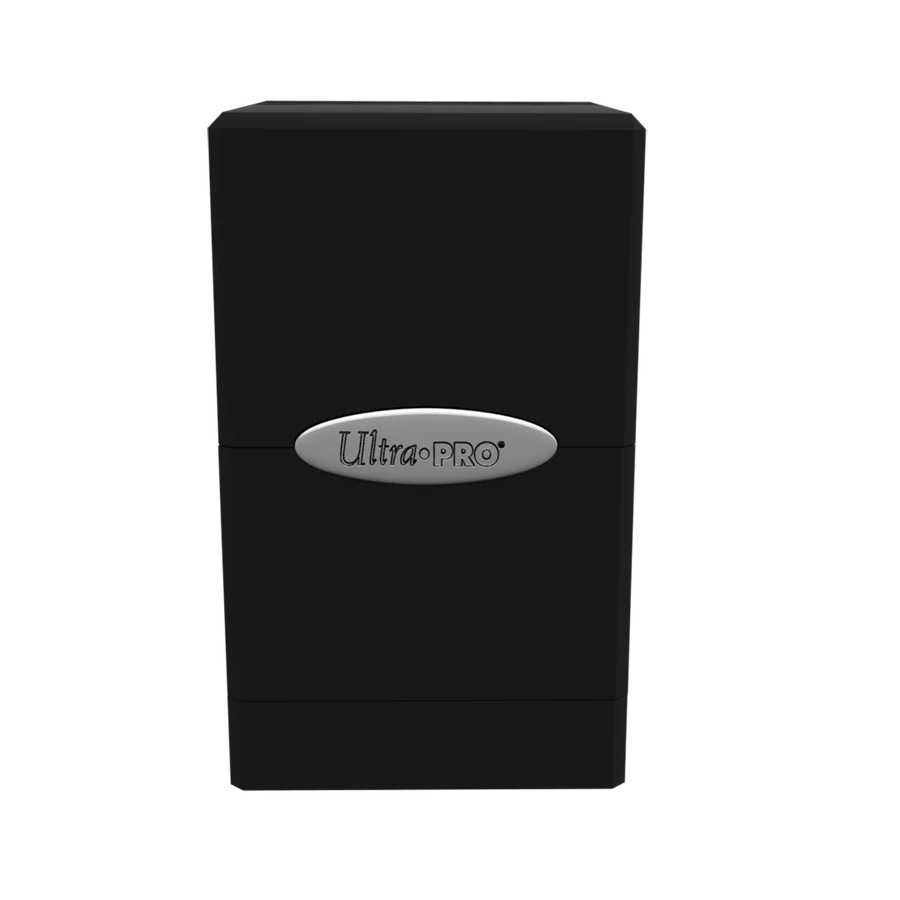 Ultra PRO: Satin Tower: Jet Black Deck Box, showcasing a durable, molded plastic case with snap-fit lid, designed for 100+ cards and accessory storage.