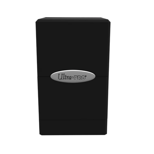Ultra PRO: Satin Tower: Jet Black Deck Box, showcasing a durable, molded plastic case with snap-fit lid, designed for 100+ cards and accessory storage.