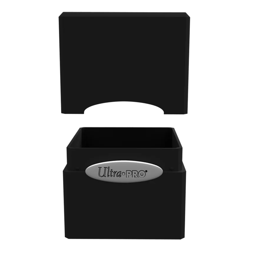 Ultra PRO: Satin Cube: Jet Black Deck Box, open with separate lid above base, displaying the Ultra•PRO logo, designed to securely hold 100+ trading cards.