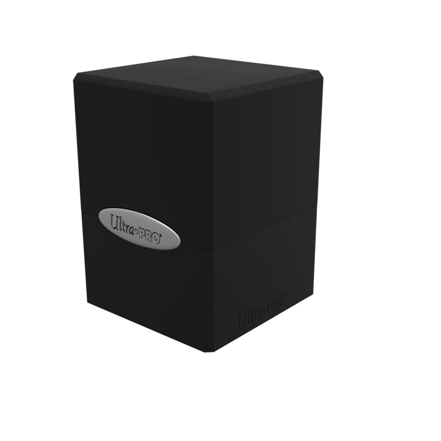 Ultra PRO: Satin Cube: Jet Black Deck Box, a compact, durable case designed to securely store 100+ trading cards with a snap-fit locking mechanism.