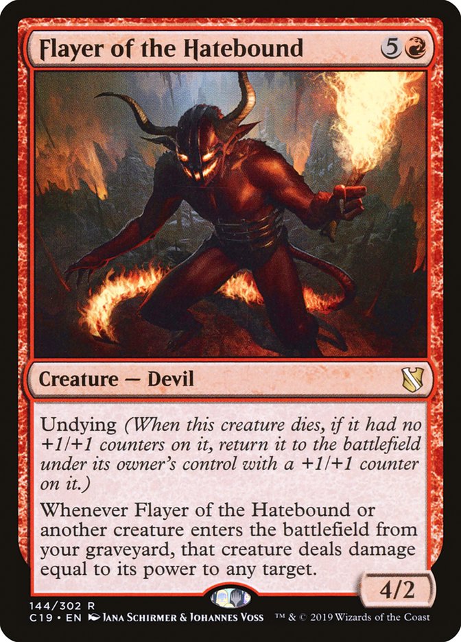 MTG Commander Deck featuring Flayer of the Hatebound” card, showcasing a horned devil with a torch, part of Moonveil Games' custom-built 100-card Jund deck.