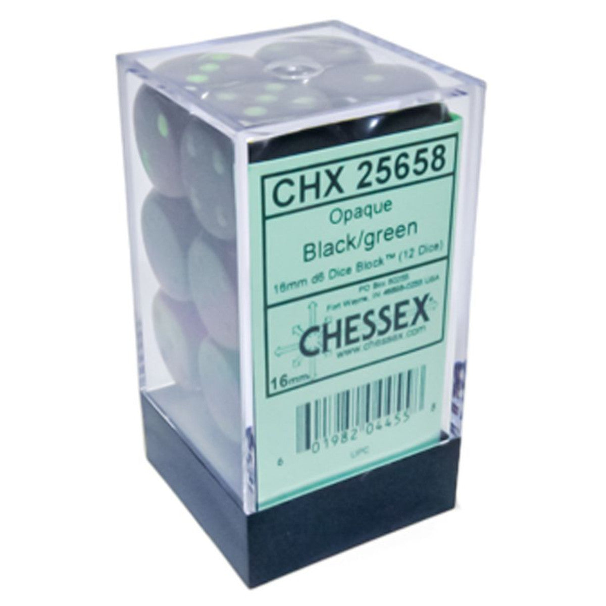 Chessex Opaque Black with green 16mm d6 Dice Block
