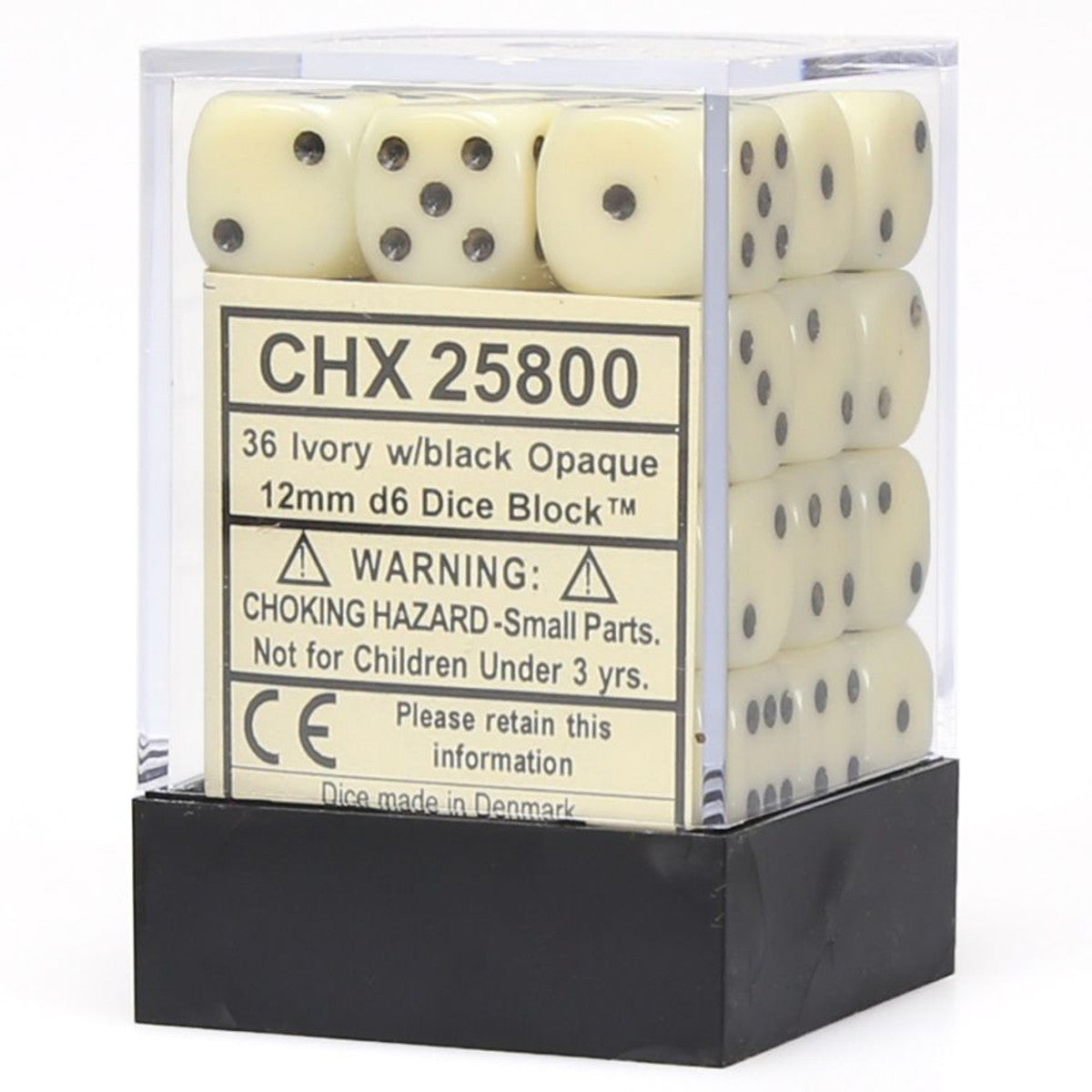 Chessex Opaque Ivory/Black 12mm d6 Dice Block (36 dice) Moonveil Games