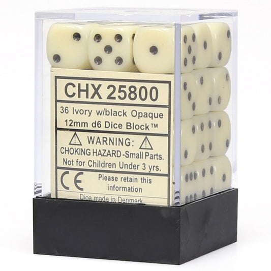 Chessex Opaque Ivory/Black 12mm d6 Dice Block (36 dice) Moonveil Games