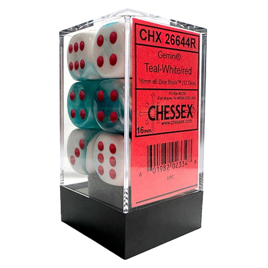 Chessex Gemini Teal White with Red 16mm d6 Dice Block, 12 factory-sealed dice in a clear display case, limited edition from Moonveil Games.