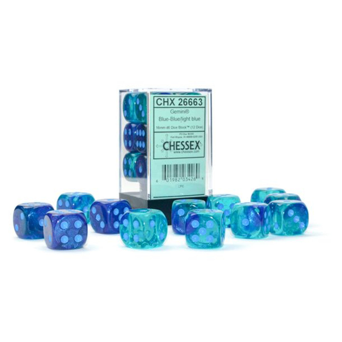 Chessex Gemini Blue/Light Blue 16mm d6 Dice Block (12 dice) Moonveil Games