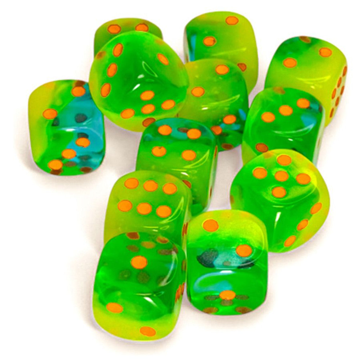 Chessex Gemini Luminary Green/Teal/Orange 16mm d6 Dice Block (12 dice) Moonveil Games