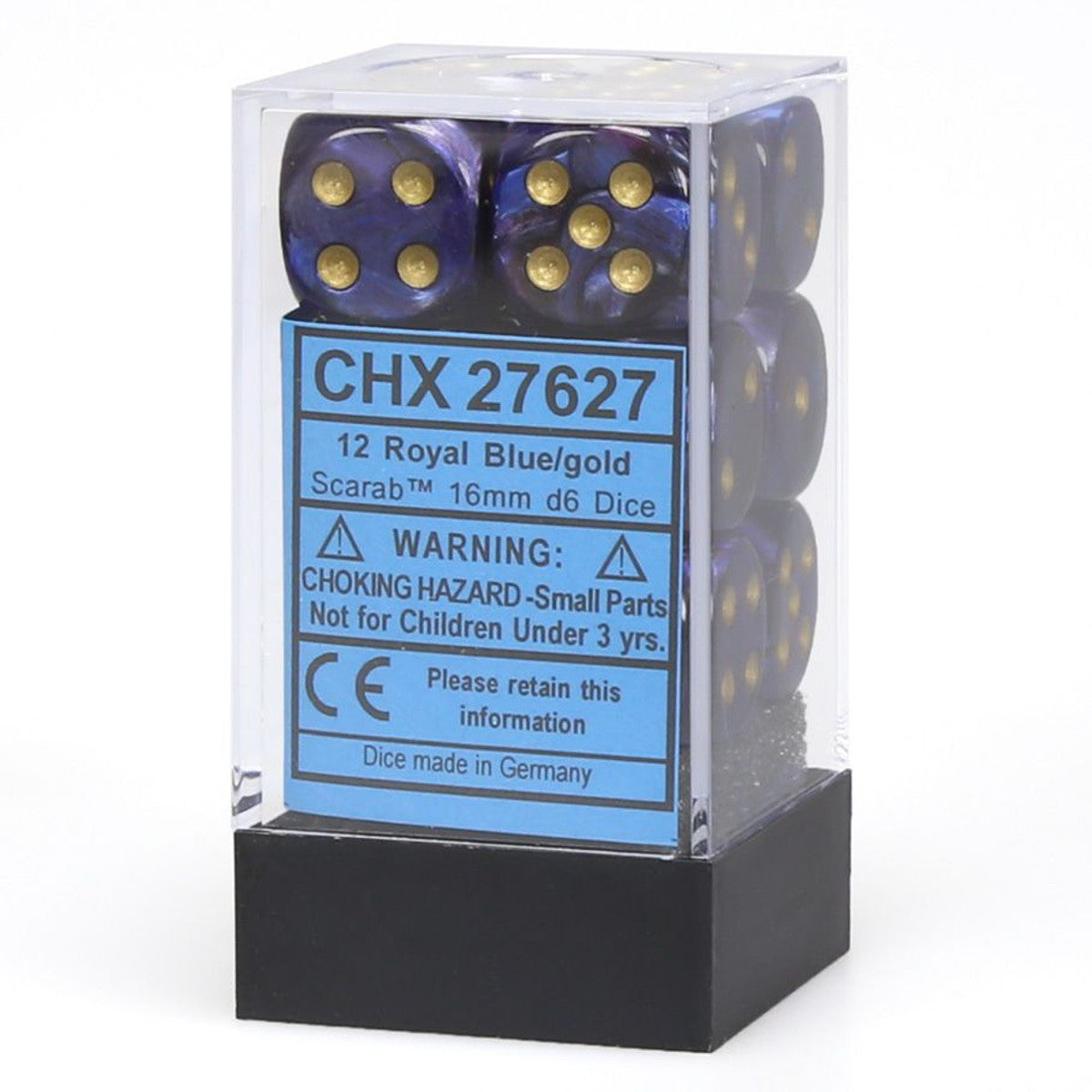 Chessex Scarab Royal Blue/Gold 16mm d6 Dice Block (12 Dice) Moonveil Games