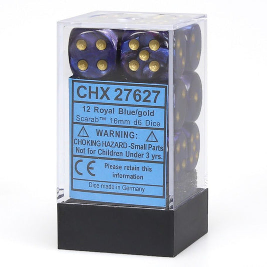 Chessex Scarab Royal Blue/Gold 16mm d6 Dice Block (12 Dice) Moonveil Games