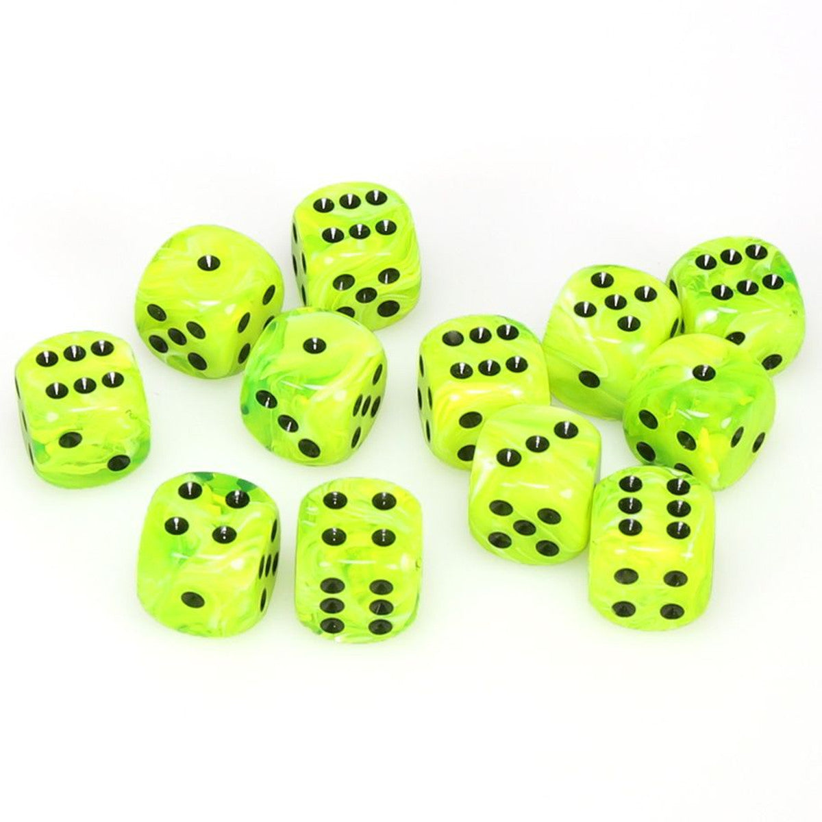 Chessex Vortex Bright Green/Black 16mm d6 Dice Block (12 dice) Moonveil Games
