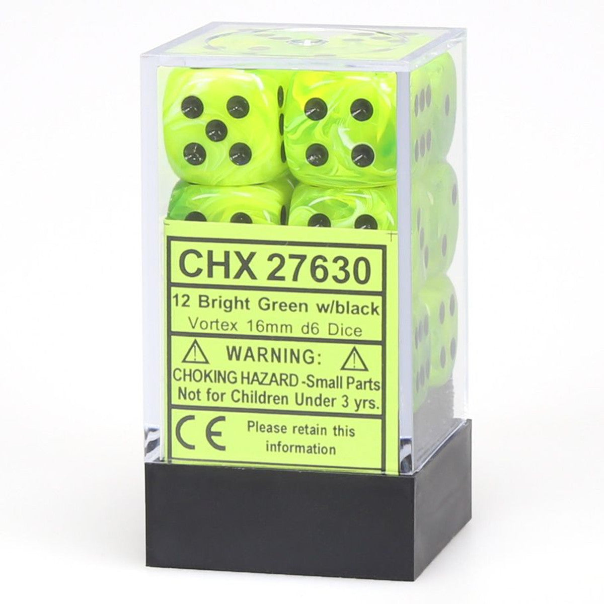 Chessex Vortex Bright Green/Black 16mm d6 Dice Block (12 dice) Moonveil Games