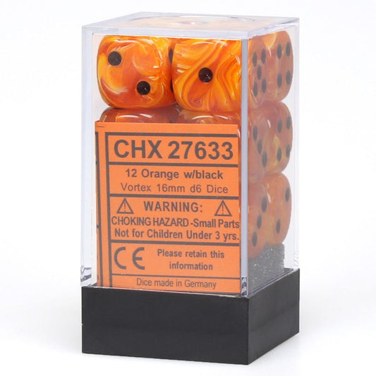 Chessex Vortex Orange/Black 16mm d6 Dice Block (12 dice) Moonveil Games