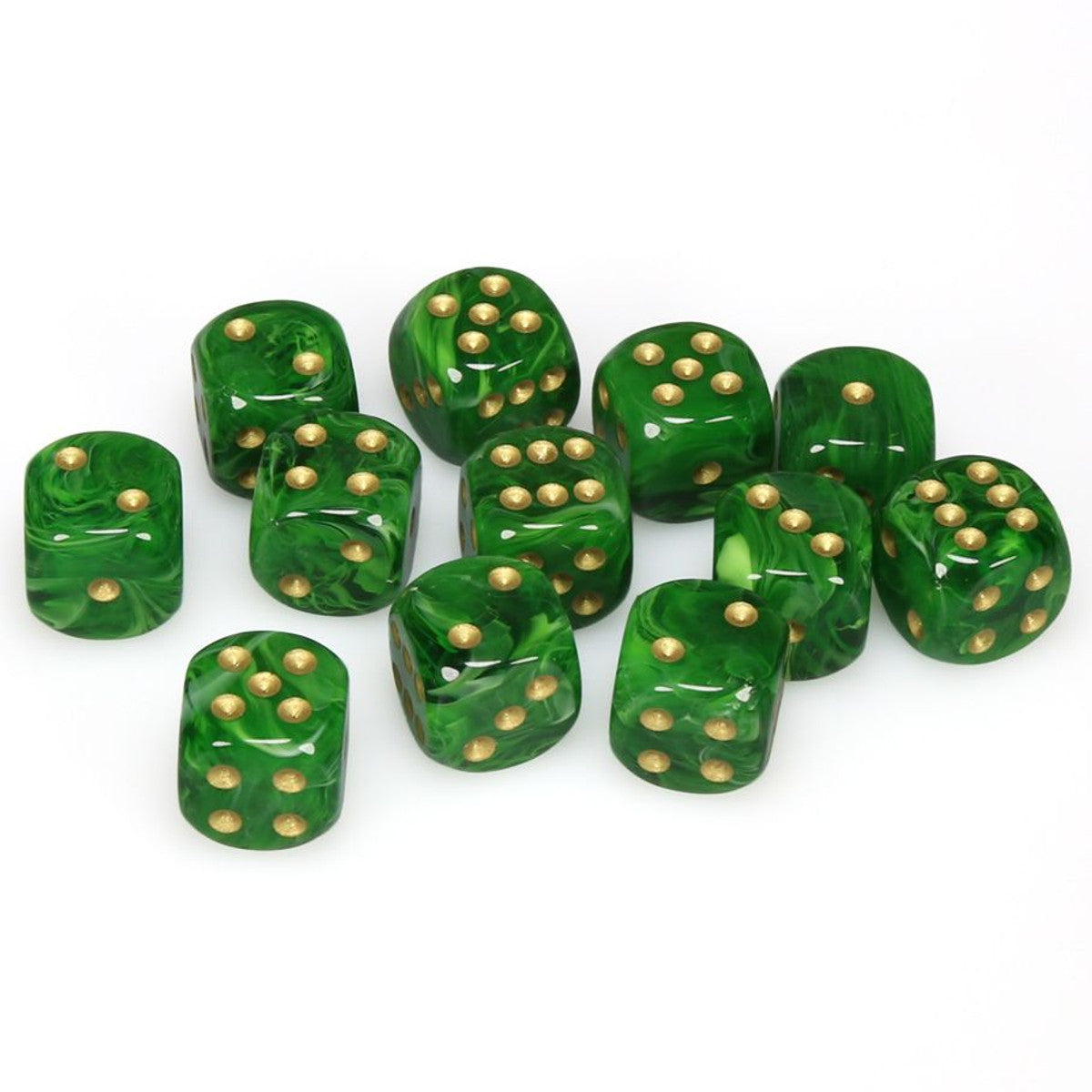 Chessex Vortex Green/Gold 16mm d6 Dice Block (12 dice) Moonveil Games