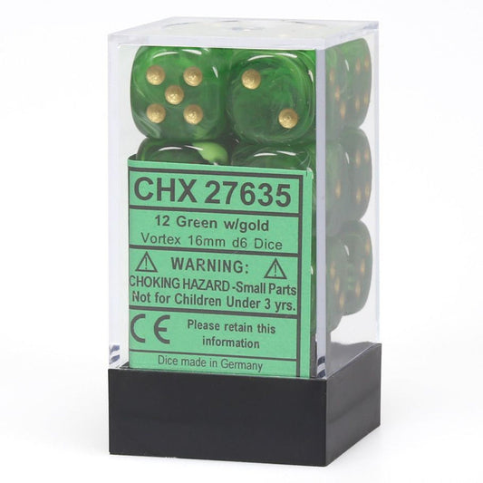 Chessex Vortex Green/Gold 16mm d6 Dice Block (12 dice) Moonveil Games