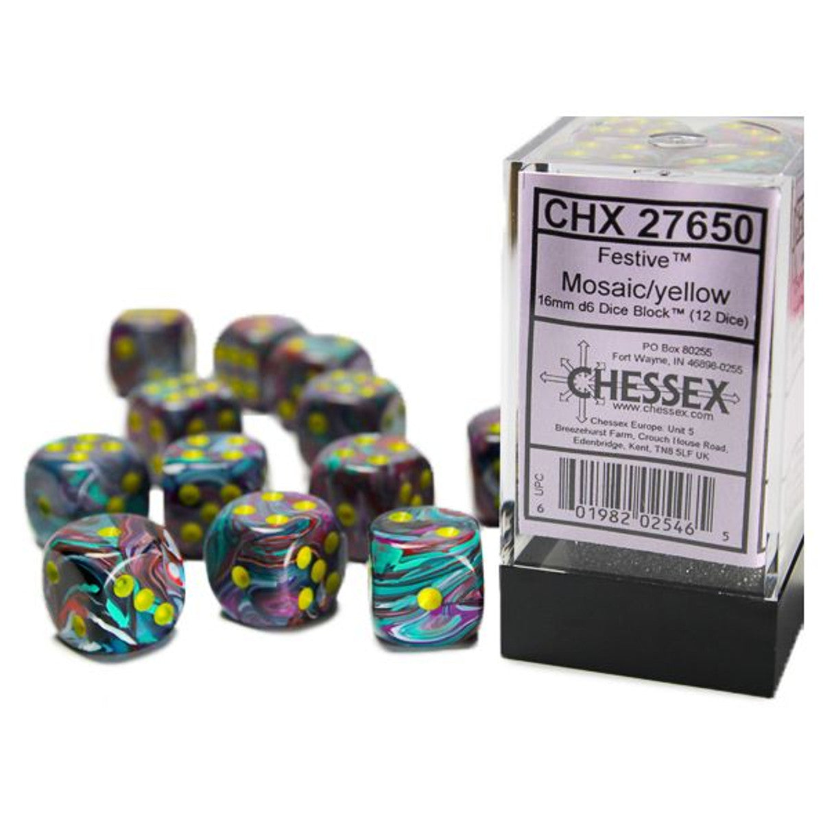 Chessex Festive Mosiac Teal/Purple/Yellow 16mm d6 Dice Block (12 dice) Moonveil Games