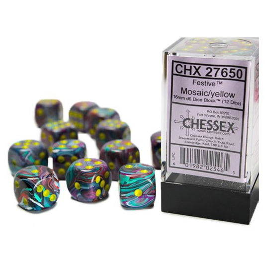 Chessex Festive Mosiac Teal/Purple/Yellow 16mm d6 Dice Block (12 dice) Moonveil Games
