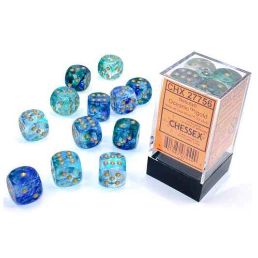 Chessex Nebula Oceanic/Gold 16mm d6 Dice Block (12 dice) Moonveil Games