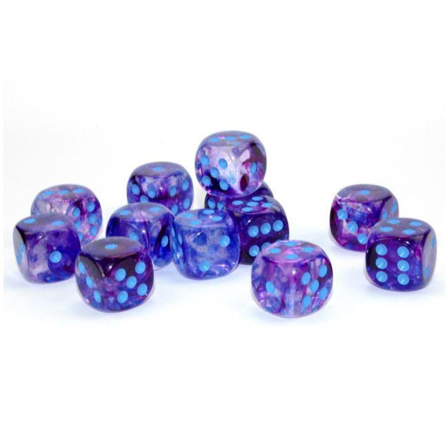 Chessex Luminary Nebula Nocturnal with Blue 16mm d6 Dice Block, featuring 12 translucent purple dice with galaxy-like swirls and light-blue pips.