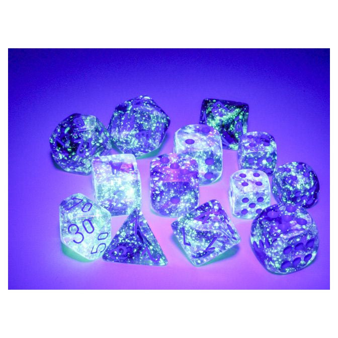 Chessex Luminary Nebula Nocturnal with Blue 16mm d6 Dice Block, glowing under UV light, showcasing 12 speckled, translucent dice ideal for tabletop games.