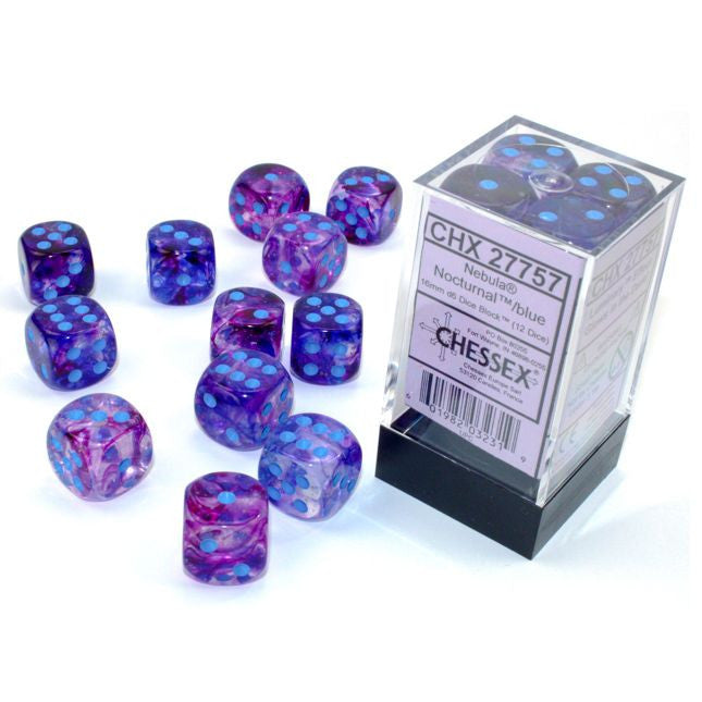 Chessex Luminary Nebula Nocturnal with Blue 16mm d6 Dice Block (12 dice) features a nebula finish and light-blue pips, in a clear storage box.