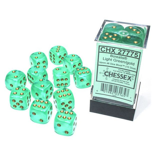 Chessex Borealis Luminary Light Green/Gold 16mm d6 Dice Block (12 dice) Moonveil Games