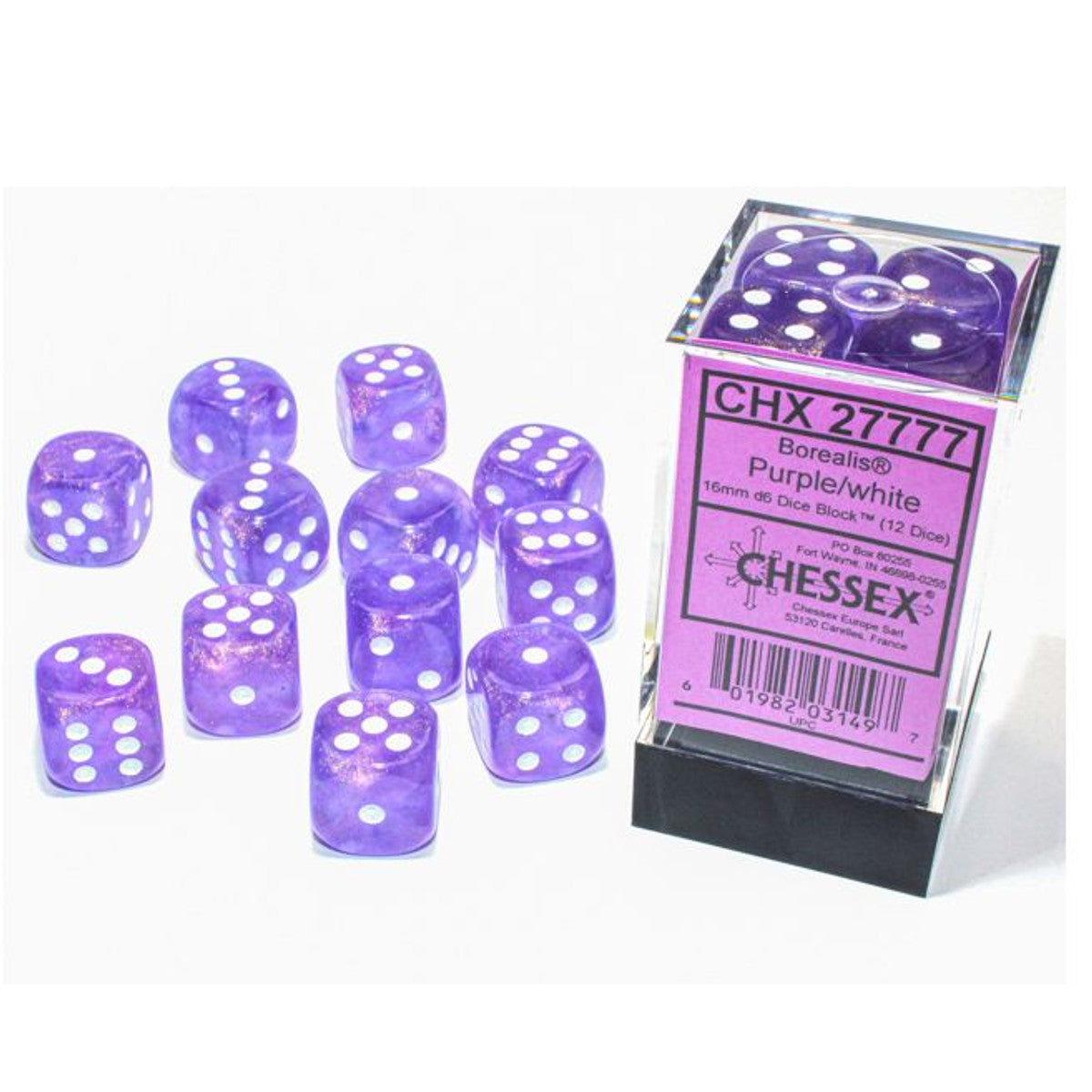 Chessex Borealis Luminary Purple/White 16mm d6 Dice Block (12 dice) Moonveil Games