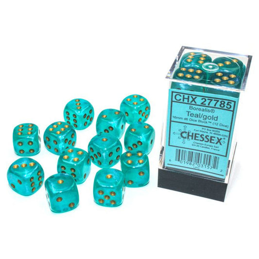 Chessex Borealis Teal/Gold 16mm d6 Dice Block (12 dice) Moonveil Games