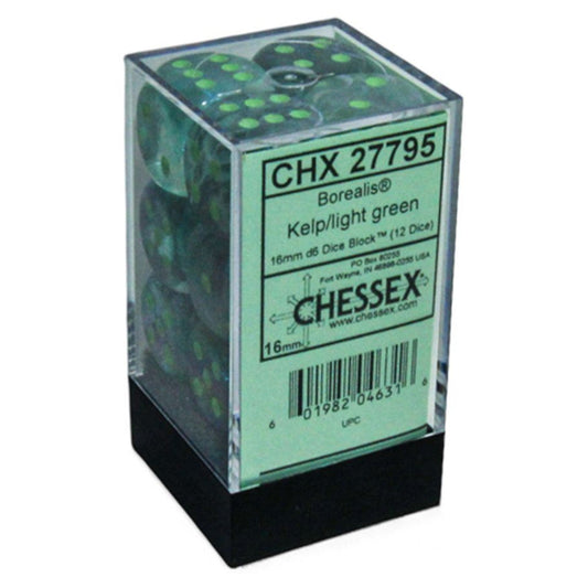 Chessex Borealis Kelp/Light Green 16mm d6 Dice Block (12 dice) Moonveil Games