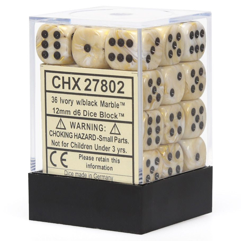 Chessex Marble Ivory with Black 12mm d6 Dice Block (36 dice)