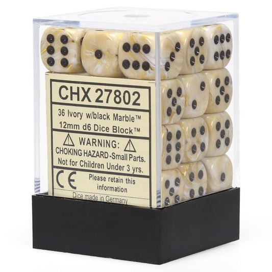 Chessex Marble Ivory with Black 12mm d6 Dice Block (36 dice)