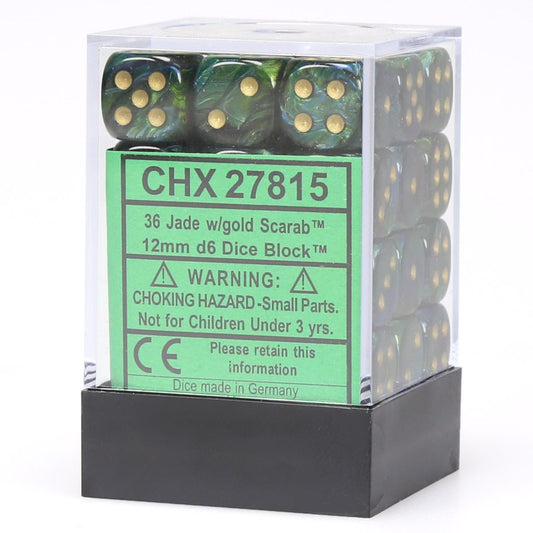 Chessex Scarab Jade with Gold 12mm d6 Dice Block (36 dice)