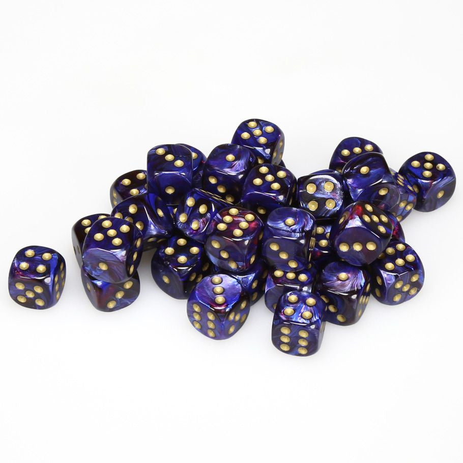 Chessex Scarab Royal Blue with Gold 12mm d6 Dice Block (36 dice), featuring swirled purple-blue hues and metallic gold pips, ideal for gaming enthusiasts.