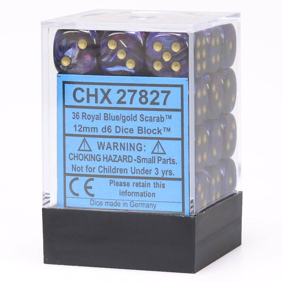 Chessex Scarab Royal Blue with Gold 12mm d6 Dice Block, featuring 36 marbled dice in a clear plastic case, suitable for tabletop gaming enthusiasts.
