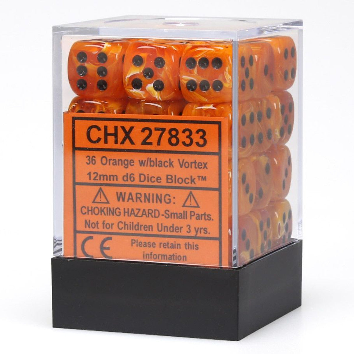 Chessex Vortex Orange with Black 12mm d6 Dice Block (36 dice)