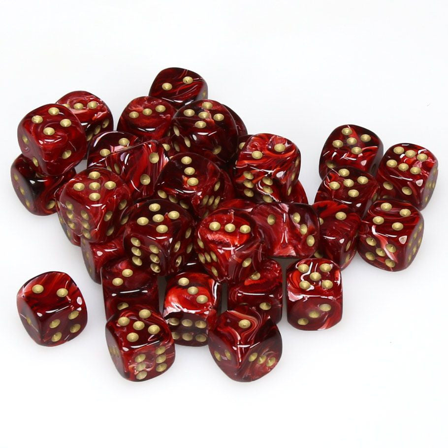 Chessex Vortex Burgundy with Gold 12mm d6 Dice Block (36 dice); deep red dice with metallic gold pips, perfect for gaming enthusiasts.