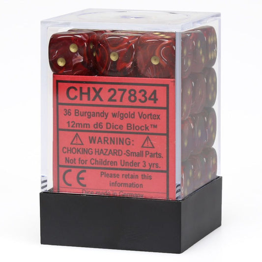 Chessex Vortex Burgundy with Gold 12mm d6 Dice Block (36 dice) featuring burgundy-red vortex swirl dice with gold pips in a clear plastic case.