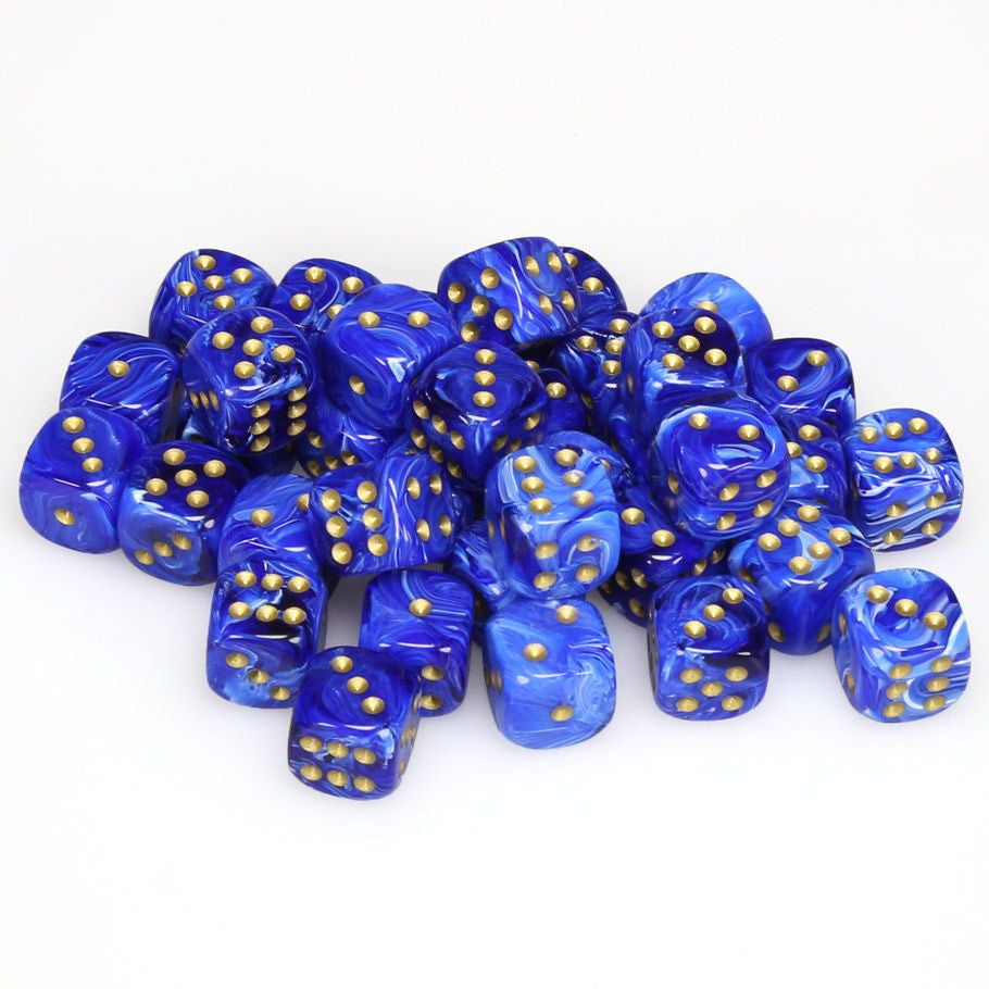 Chessex Vortex Blue with Gold 12mm d6 Dice Block (36 dice) featuring blue marbled design and gold pips, perfect for tabletop gaming at Moonveil Games.