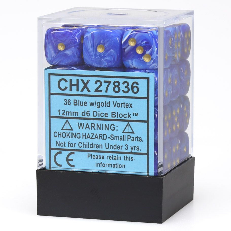 Chessex Vortex Blue with Gold 12mm d6 Dice Block, featuring 36 dice in a clear plastic case with black base, ideal for tabletop gaming.